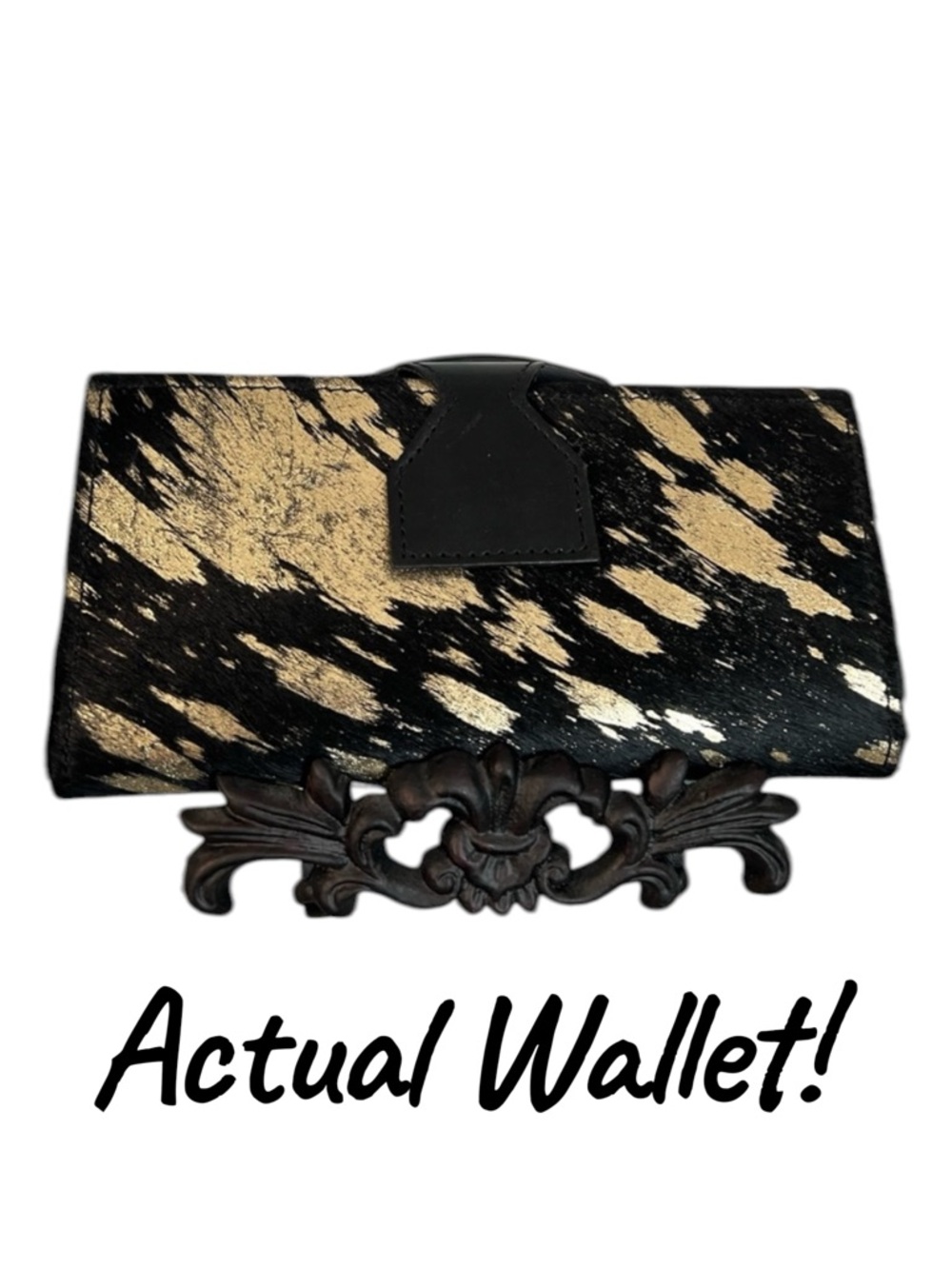 Gold metallic Black Genuine Cowhide Leather Handmade womens Checkbook Wallet